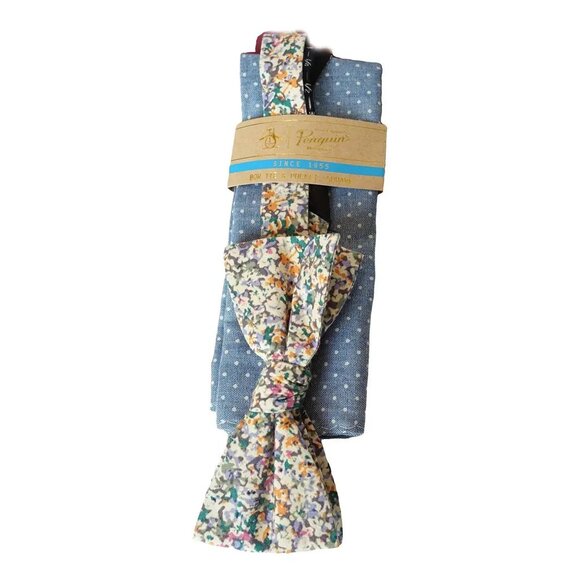 ORIGINAL PENGUIN Cream Floral Bow Tie Polka Dot Cotton Pocket Square Set - Picture 1 of 3